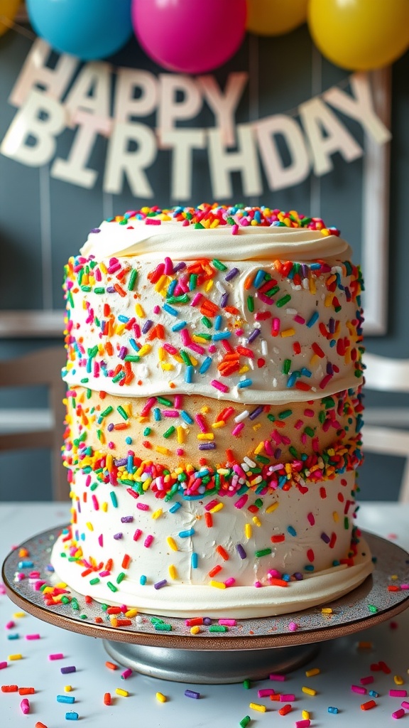 A multi-layer funfetti celebration cake with sprinkles, decorated with buttercream frosting and surrounded by festive decorations.